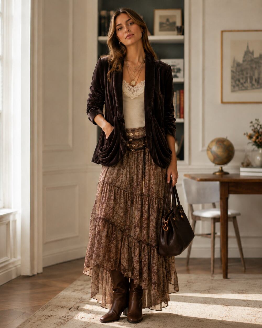 Elevenses Anthropologie Brown Velvet Draped Jacket Womens 4 Y2K Casual Academia